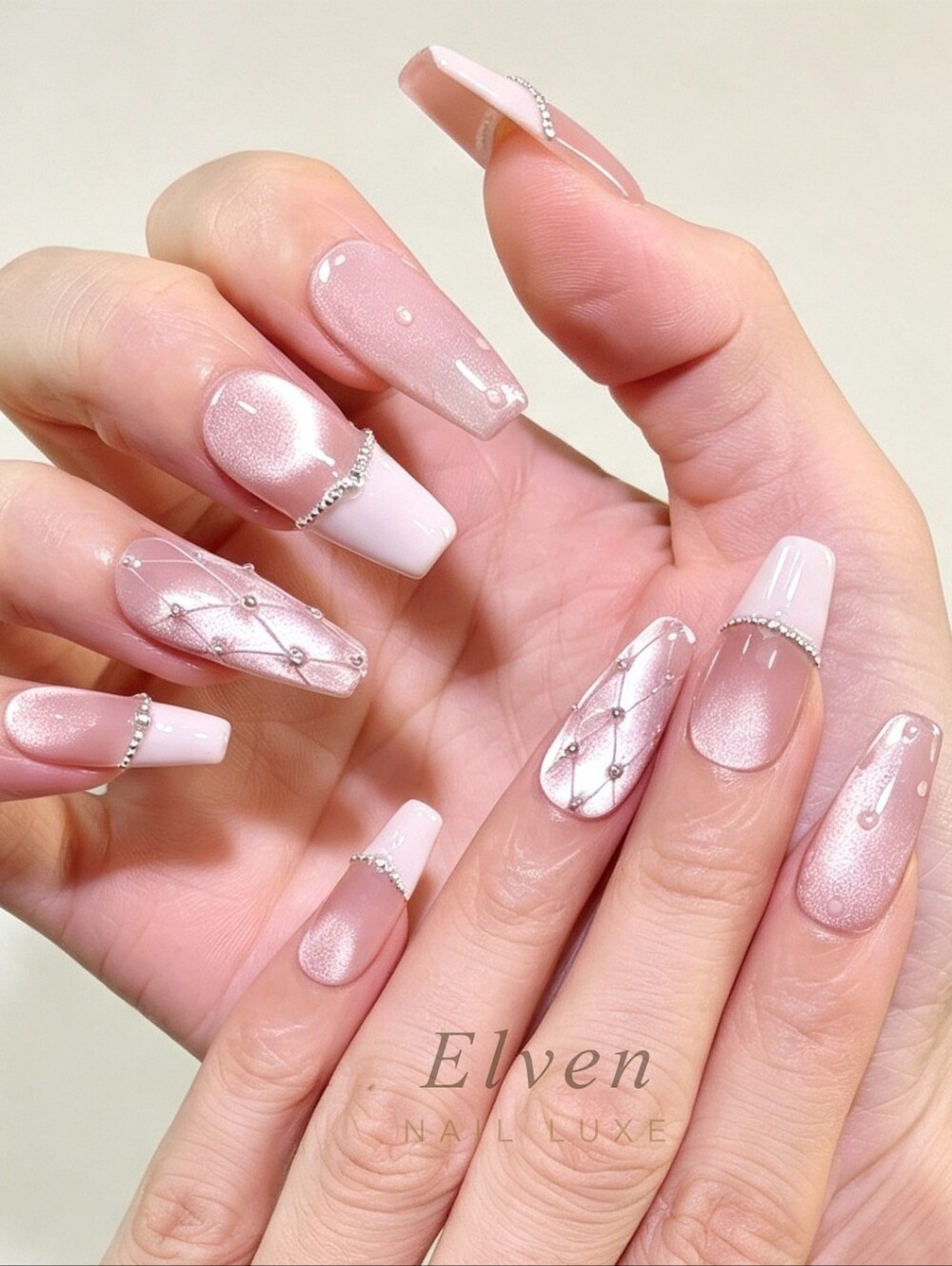 Nude Pink Long Coffin Press On Nails With Pink Cat Eye White French Tips